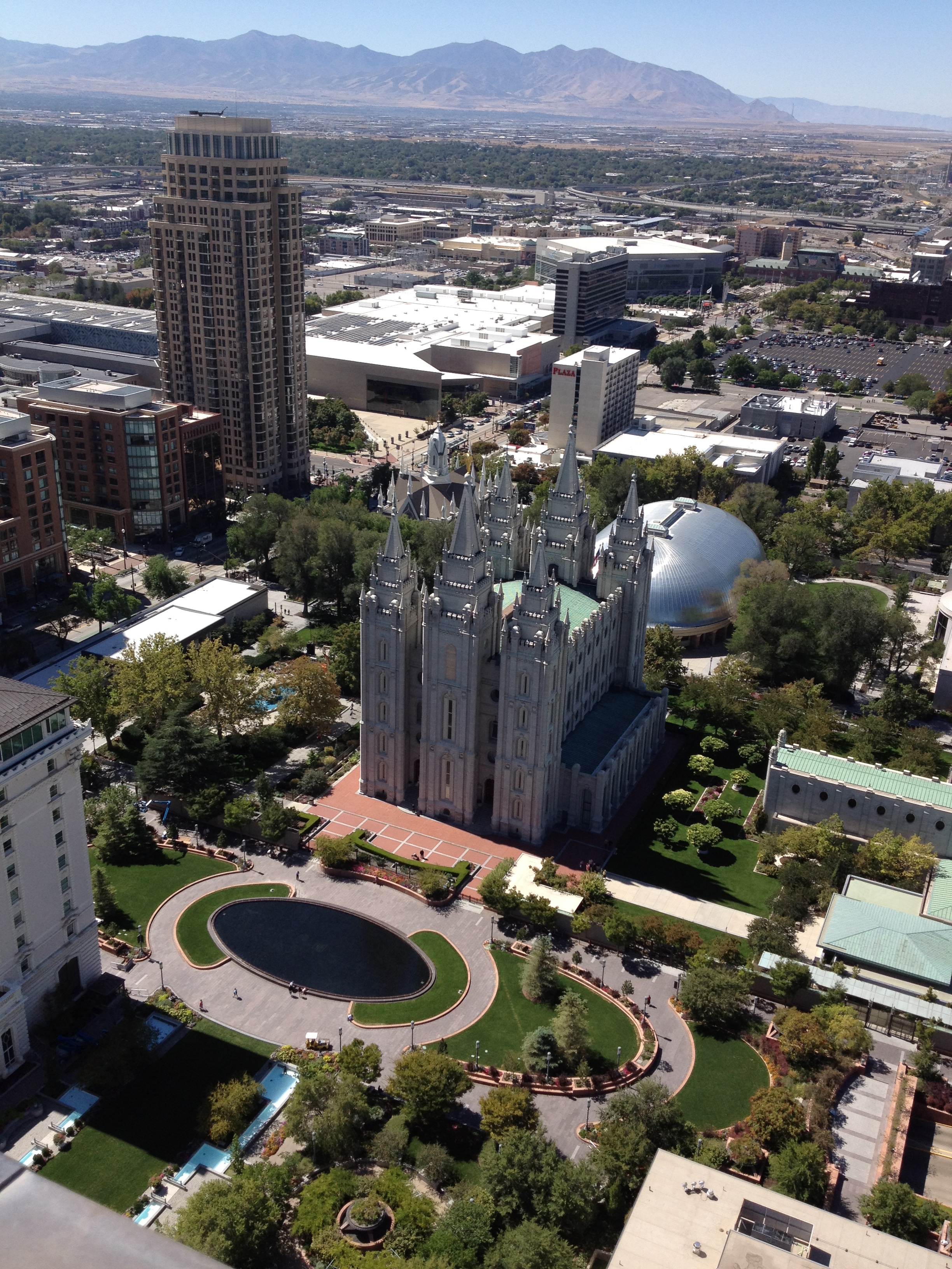 view of LDS Church temple from top of office tower