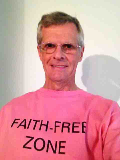 Darwin Bedford wearing his shirt that says 'Faith-free Zone'