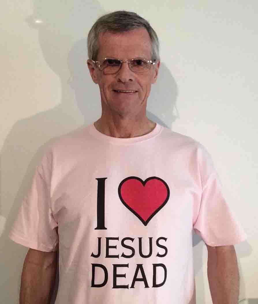 Darwin Bedford wearing his shirt that says 'I love Jesus dead'