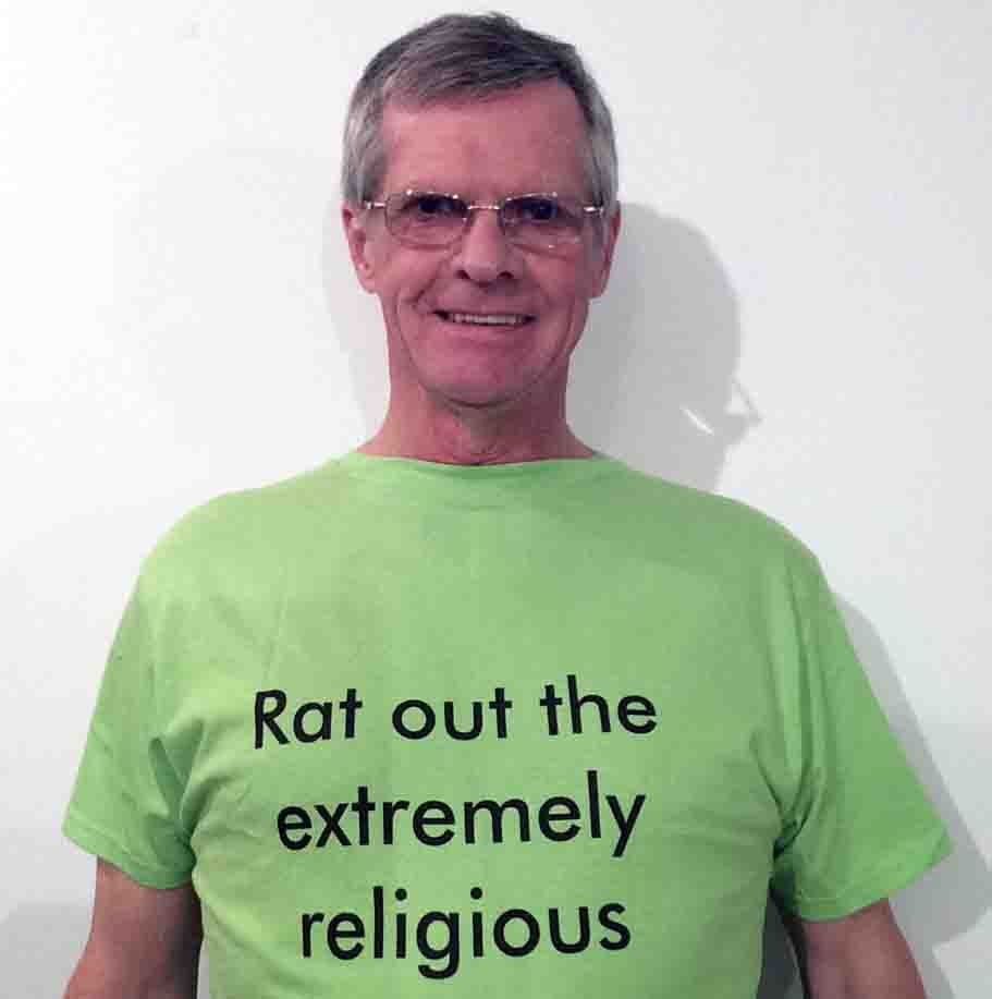 Darwin Bedford wearing his shirt that says 'Rat out the extremely religious'