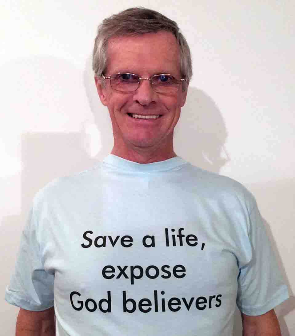 Darwin Bedford wearing his shirt that says 'Save a life, expose God believers'